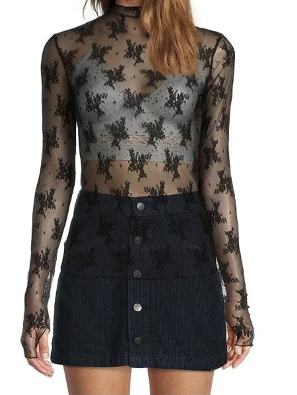 NWT Free PeopleLady Lux Jacquard Sheer Mock Neck Long Sleeve Layering Top